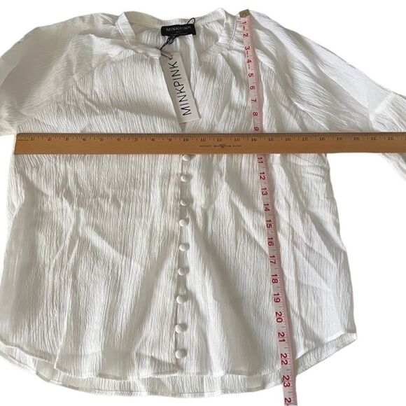 Minkpink Revolve White Fatima Button Balloon Sleeves Crepe Blouse Size S NWT - Picture 5 of 9